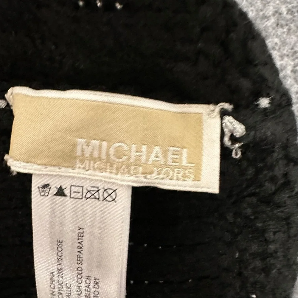 Michael Kors Hat Womens O/S Black Silver Metallic Viscose Knit Newsboy Cap New